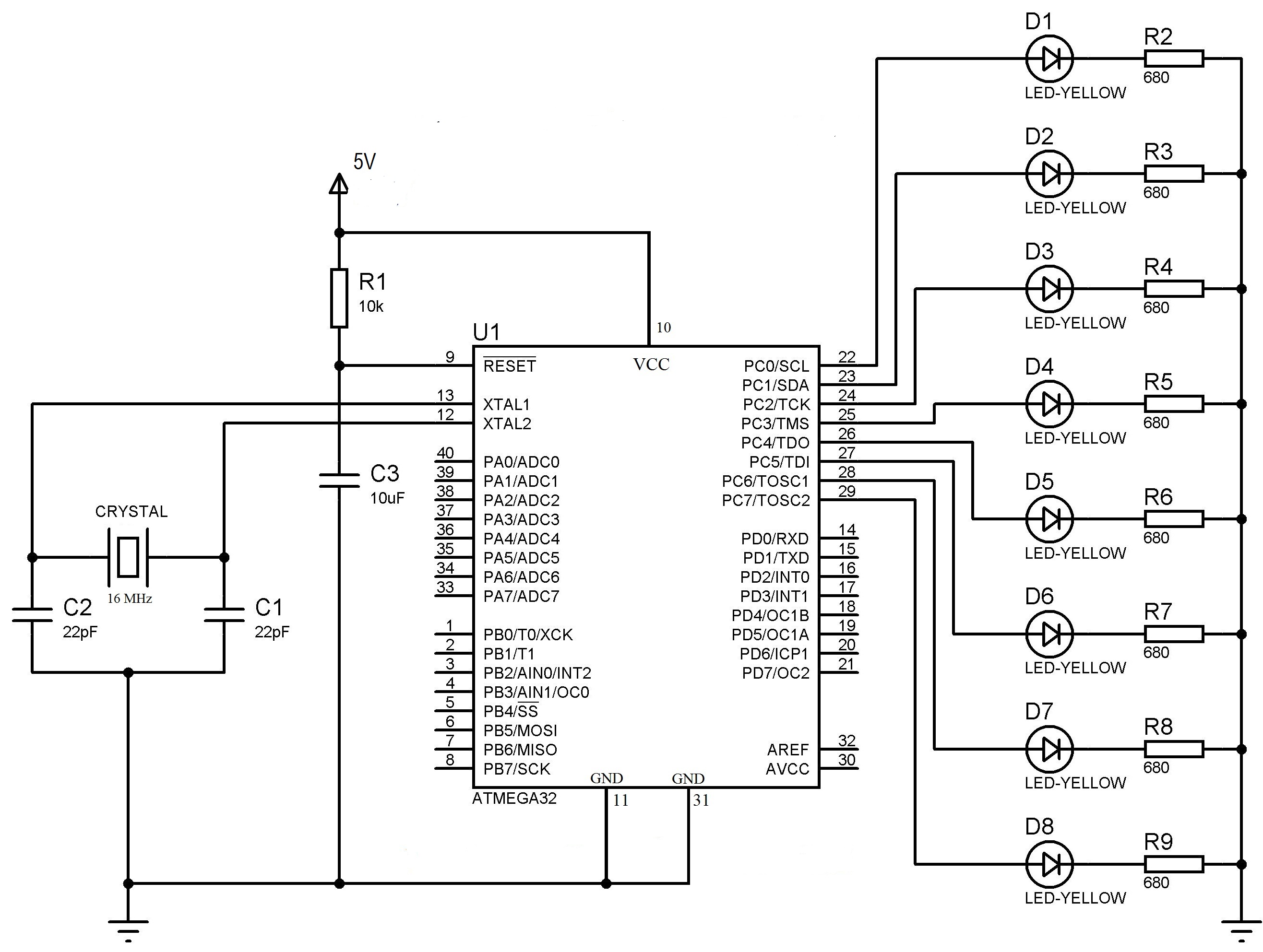 Sơ đồ mạch điều khiển led dùng ATMEGA32