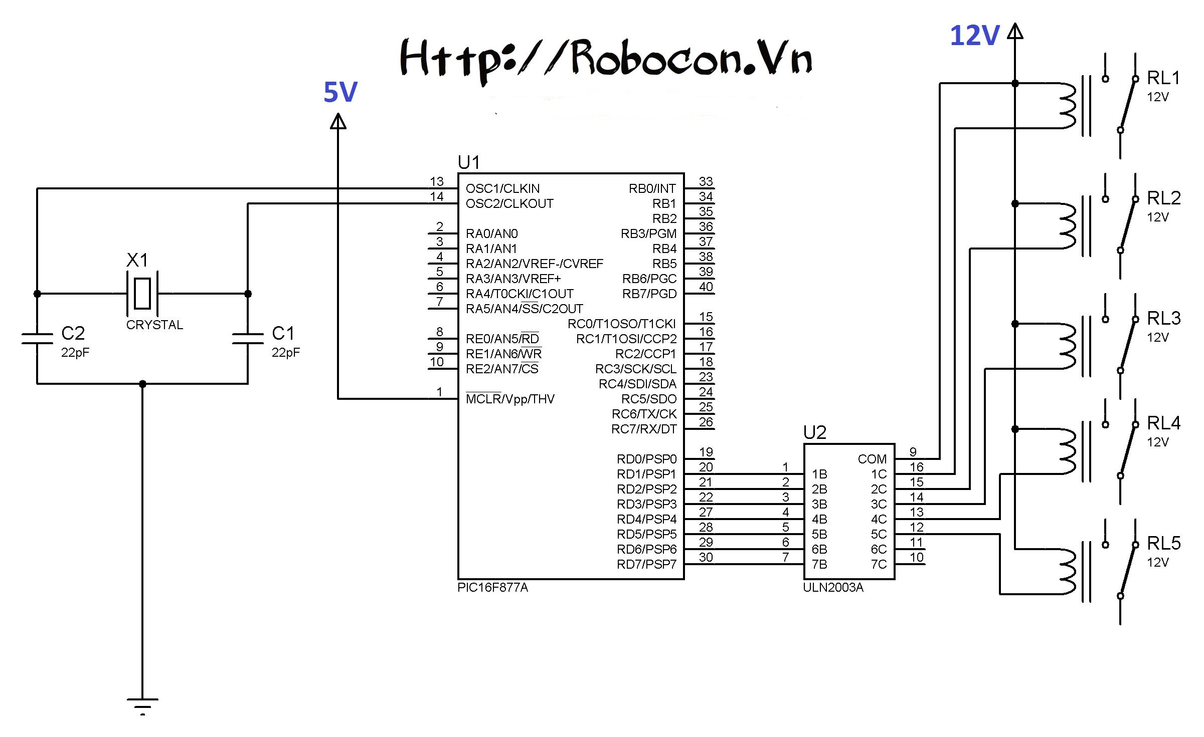 Sơ đồ mạch điện kết nối IC ULN2803